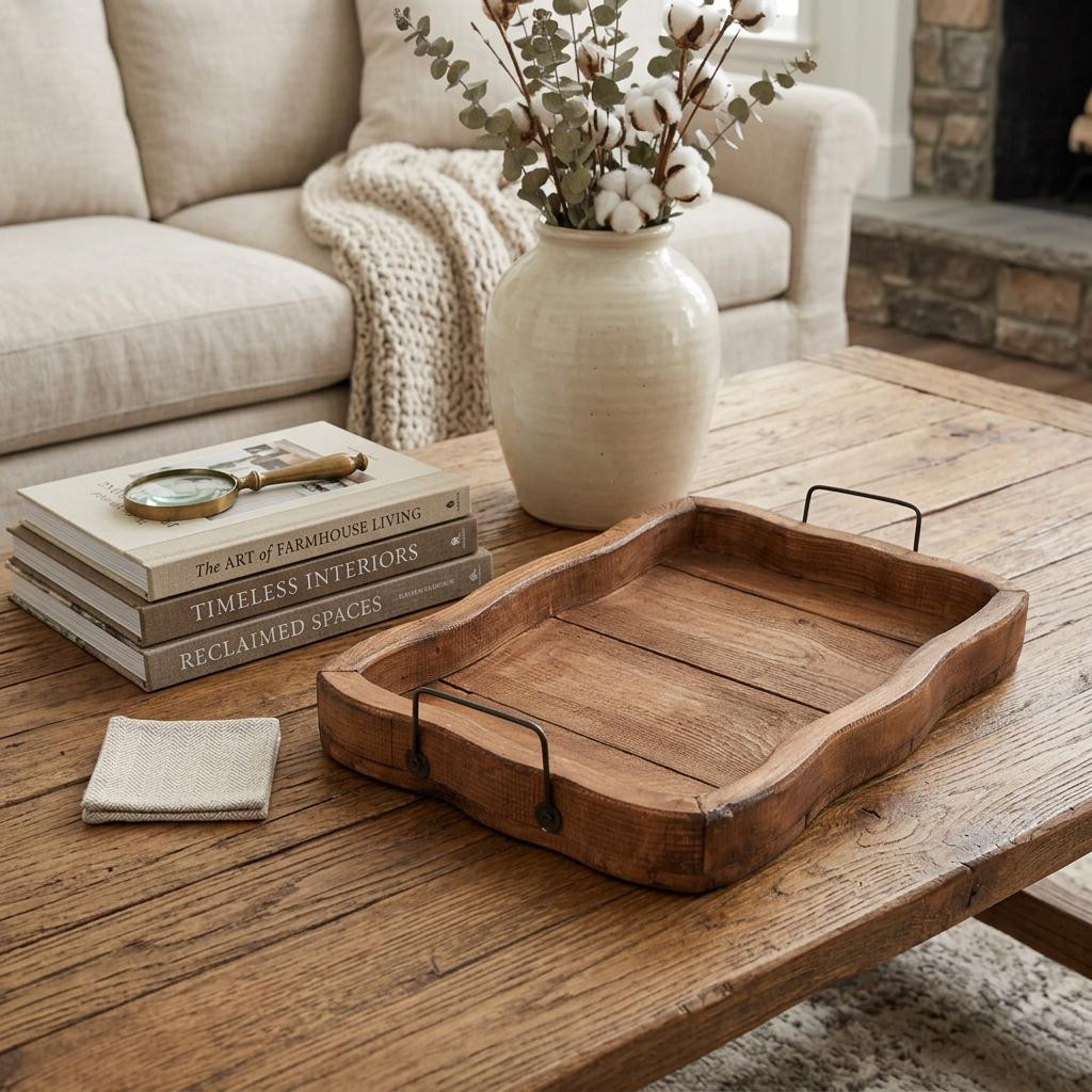724225 20 in. Brown Solid Wood Handmade Scalloped Serving Tray with Handles