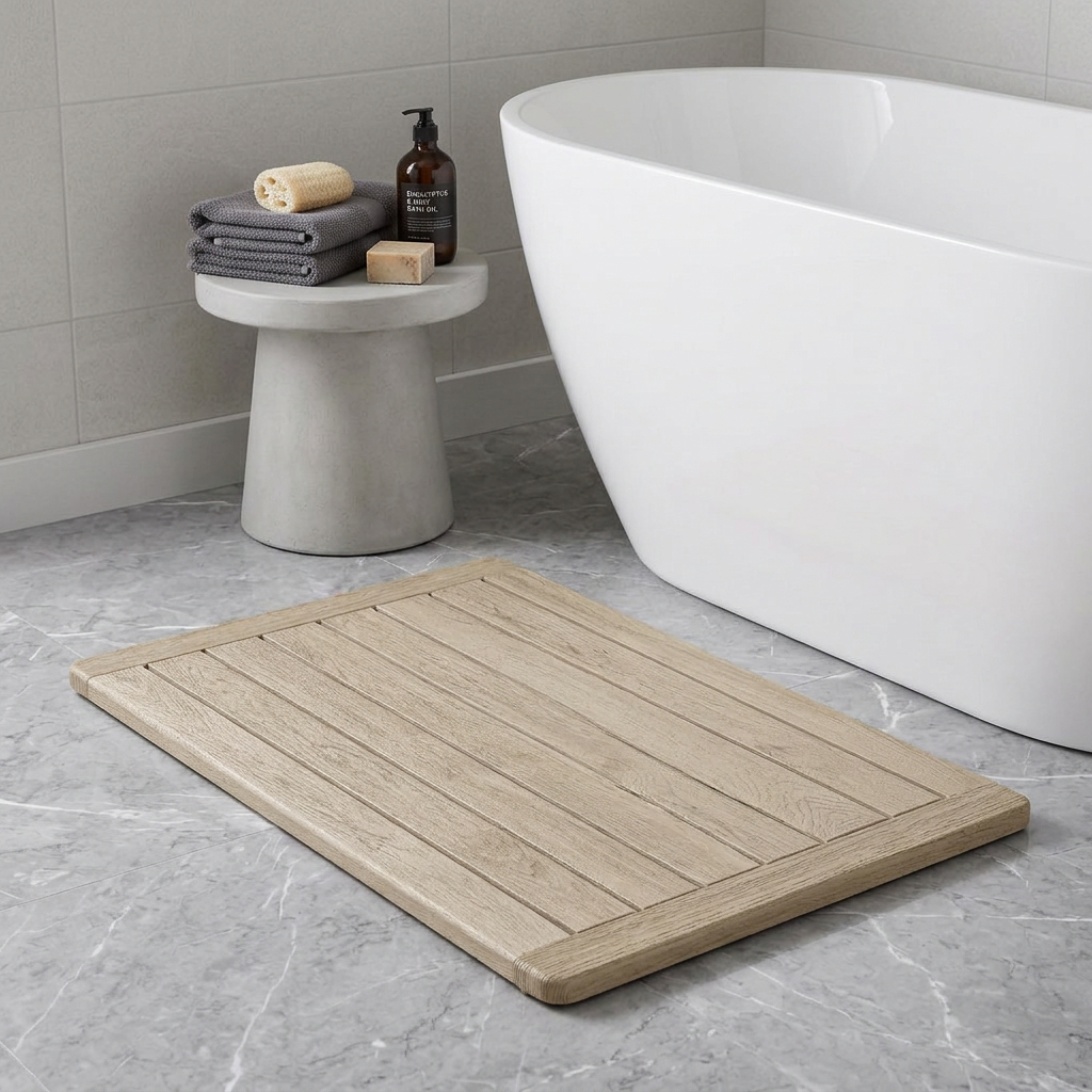 729128 16 in. Beige Gray Teak Non Slip Bath Mat
