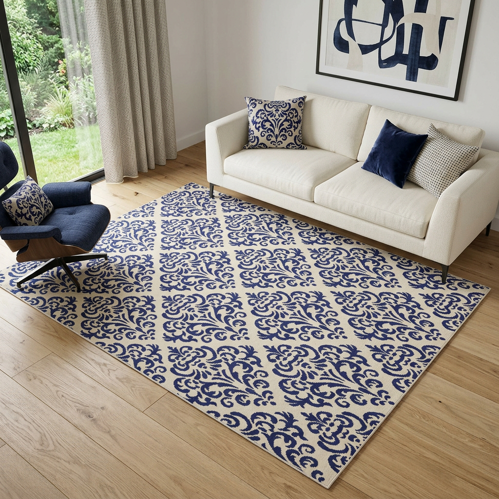 545348 5 x 7 ft. Blue & White Damask Rectangle Area Rug