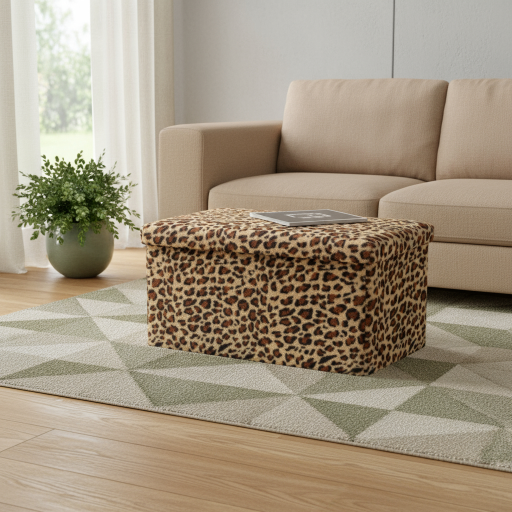 712830 30 in. Tan & Black Faux Fur Leopard Storage Ottoman