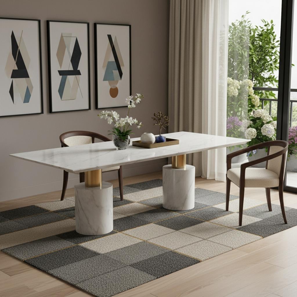 722446 180 in. White & Gold Marble & Steel Double Pedestal Base Dining Table