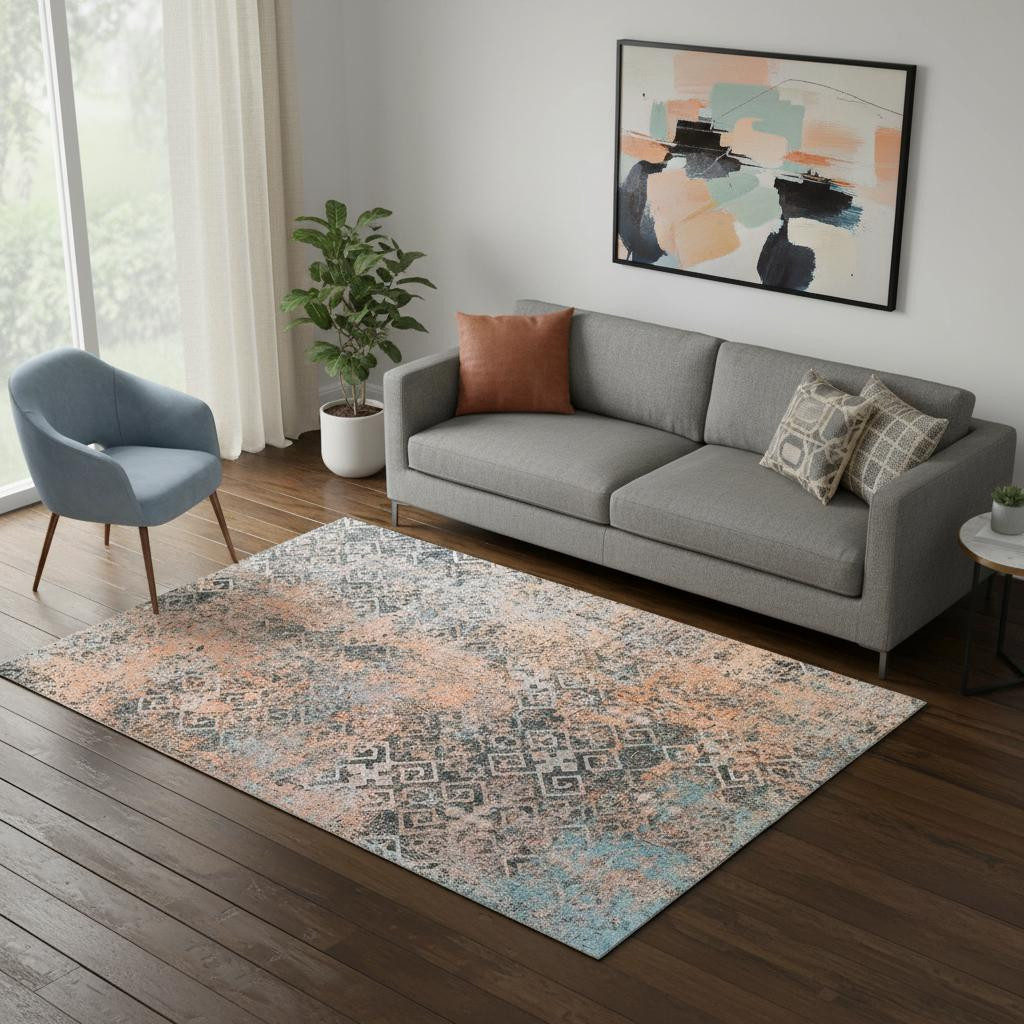 722510 5 x 8 ft. Blue & Orange Abstract Distressed Rectangle Area Rug