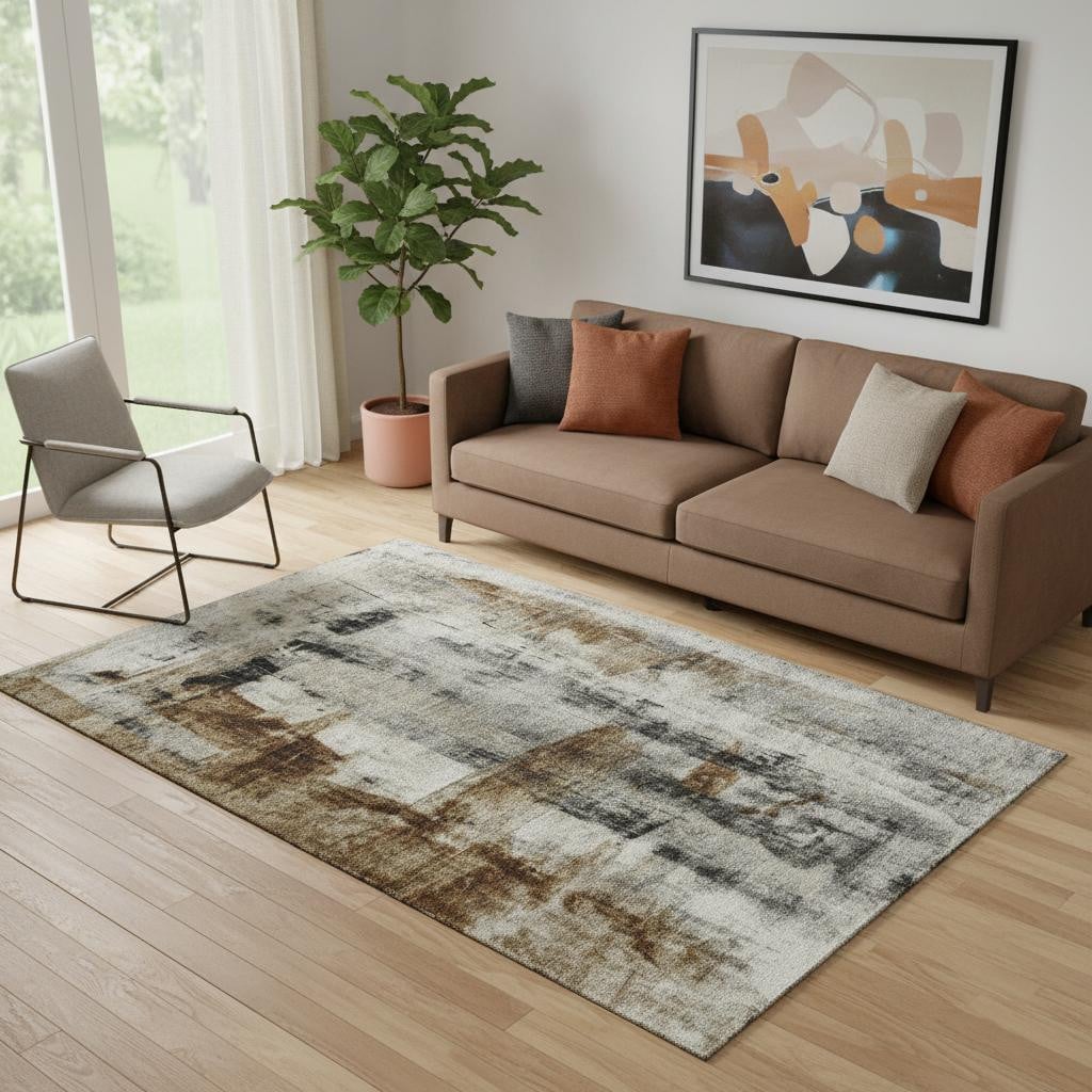 719294 5 x 8 ft. Taupe Charcoal & Brown Abstract Washable Rectangle Area Rug with UV Protection