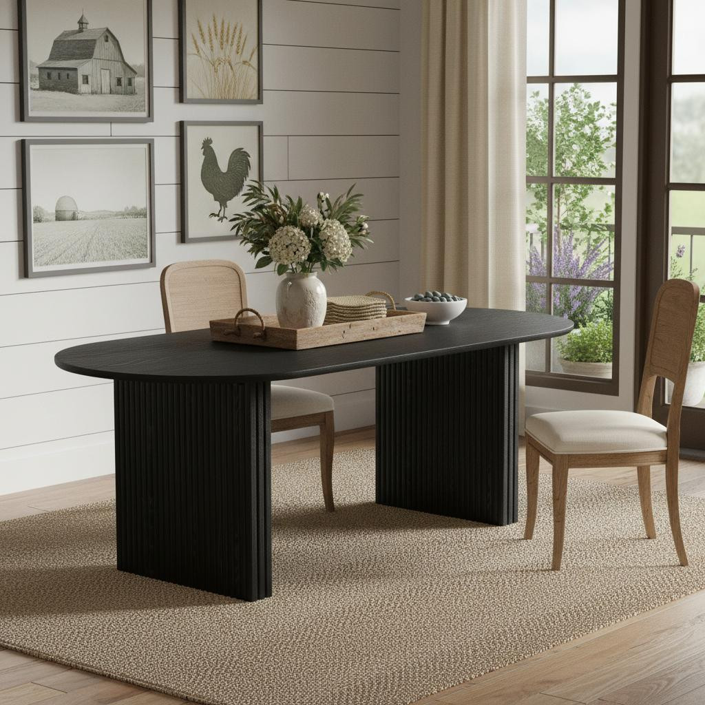 712139 79 in. Black Solid Wood Oak Double Pedestal Base Oval Dining Table