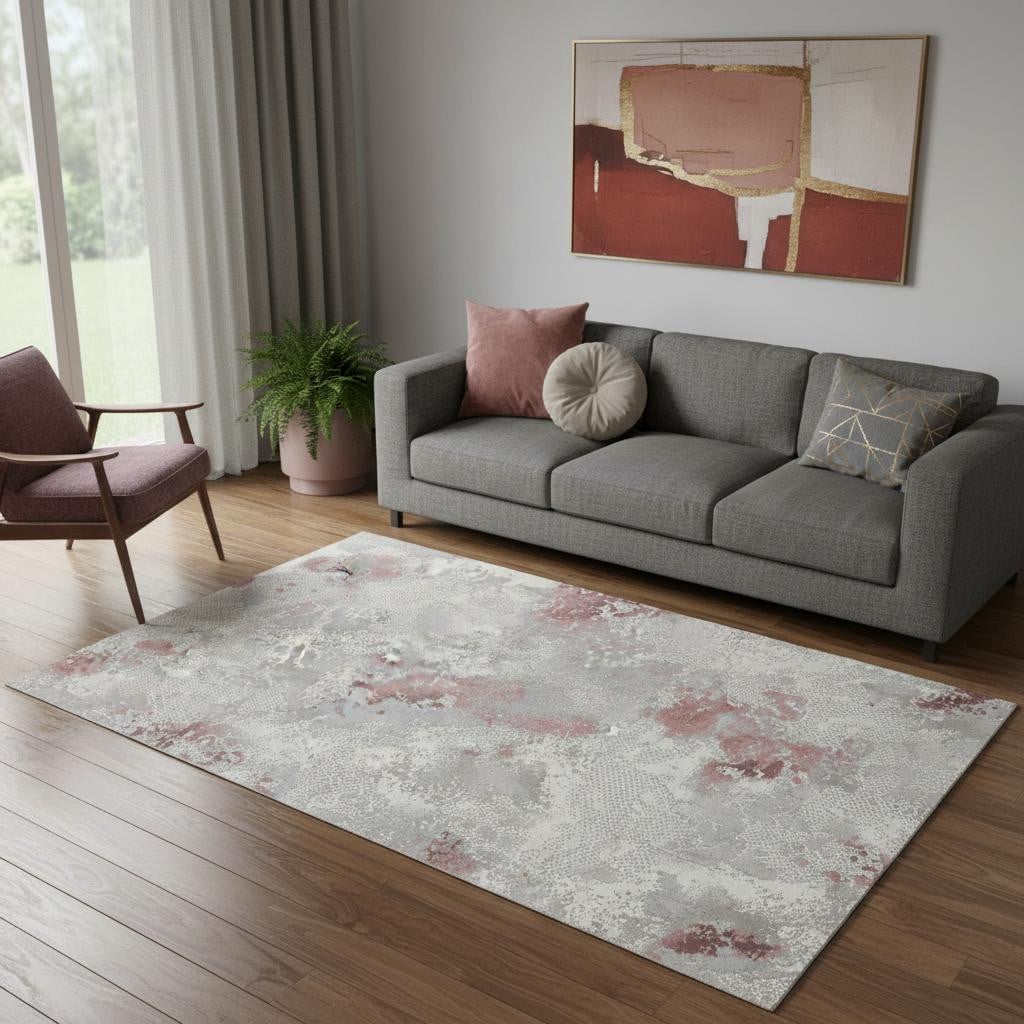 722496 5 x 8 ft. Gray Ivory & Pink Abstract Distressed Rectangle Area Rug