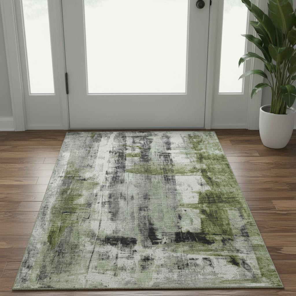 719275 3 x 5 ft. Olive Green Charcoal & Ivory Abstract Washable Rectangle Area Rug with UV Protection