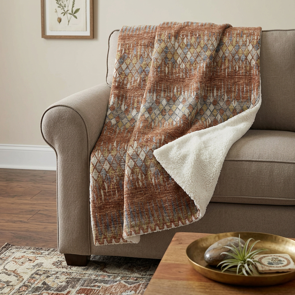699036 50 x 70 in. Cinnamon Gold & Blue Geometric Polyester Woven Plush Throw Blanket
