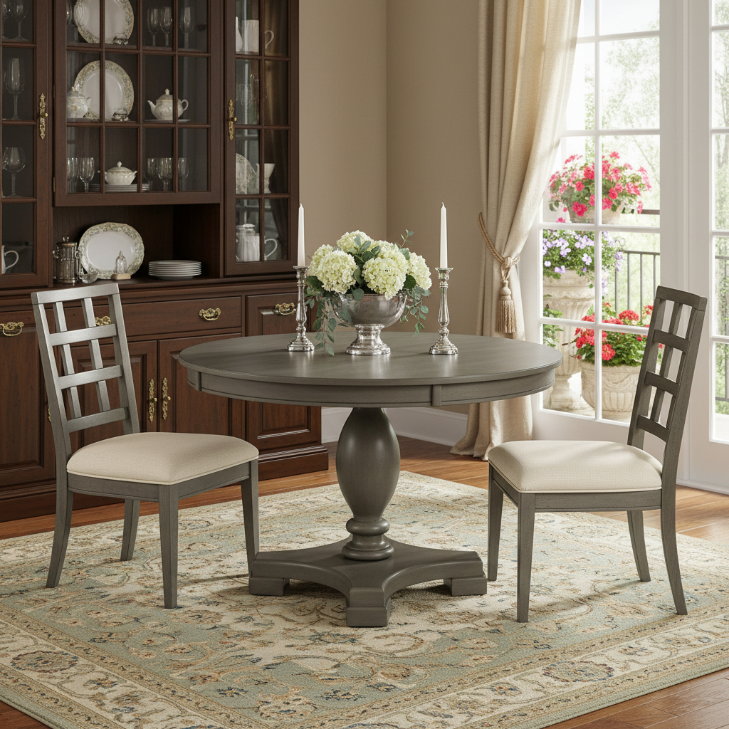 631273 48 in. Gray Wood Pedestal Base Round Top Dining Table