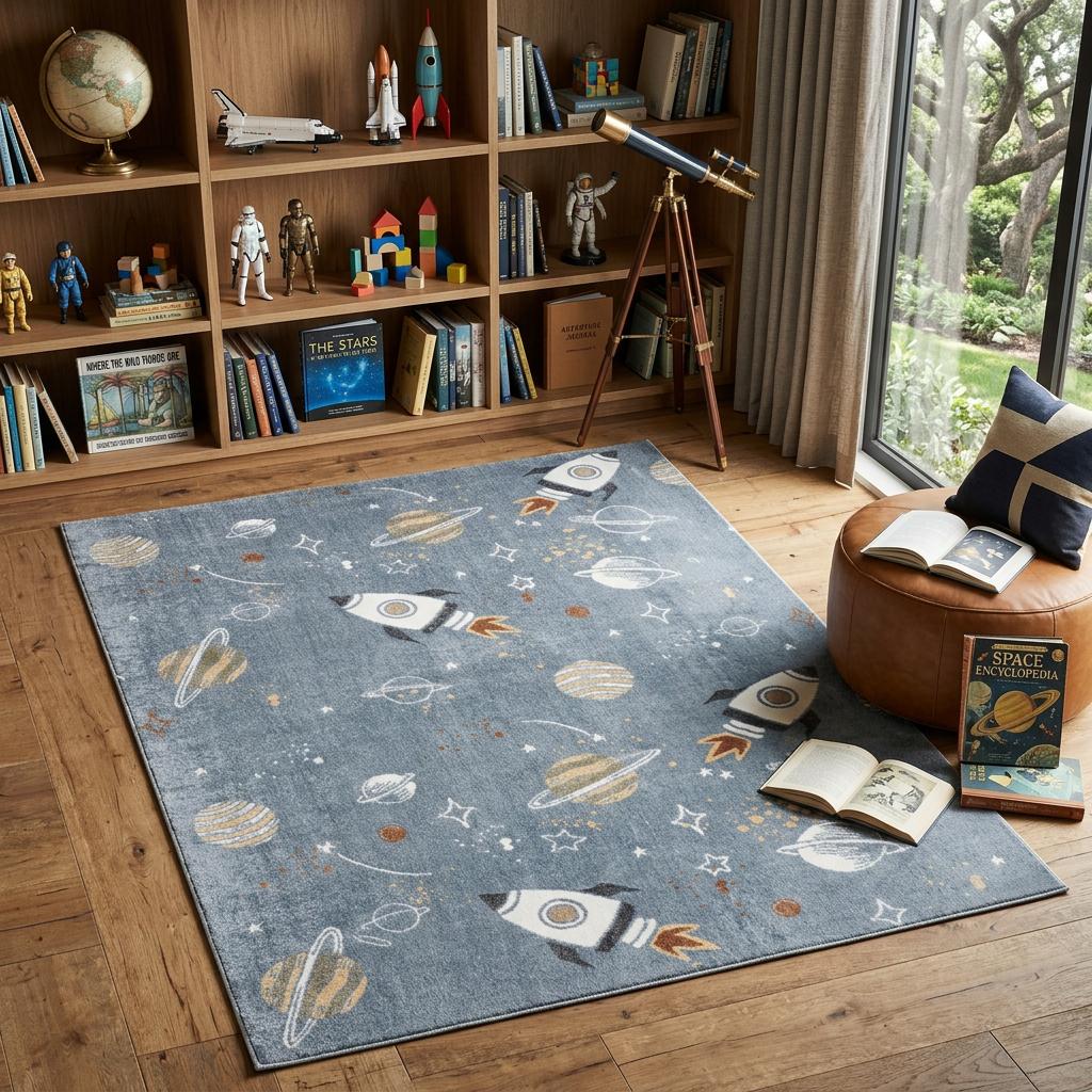 569702 5 x 7 ft. Blue Spaceships Youthful Washable Rectangle Area Rug