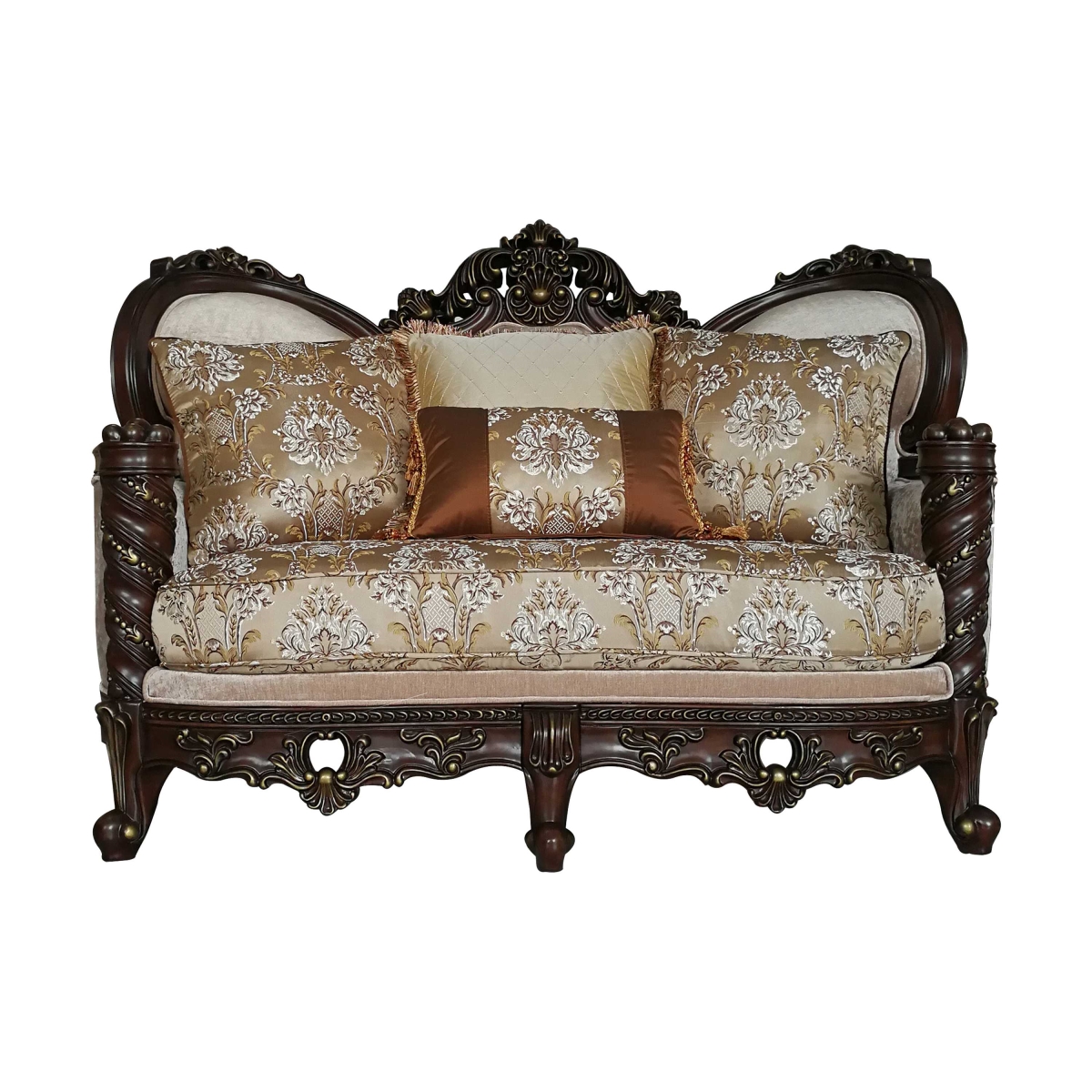 348218 38 x 68 x 48 in. Fabric Dark Walnut Upholstery Wood Leg & Trim Loveseat with 4 Pillows