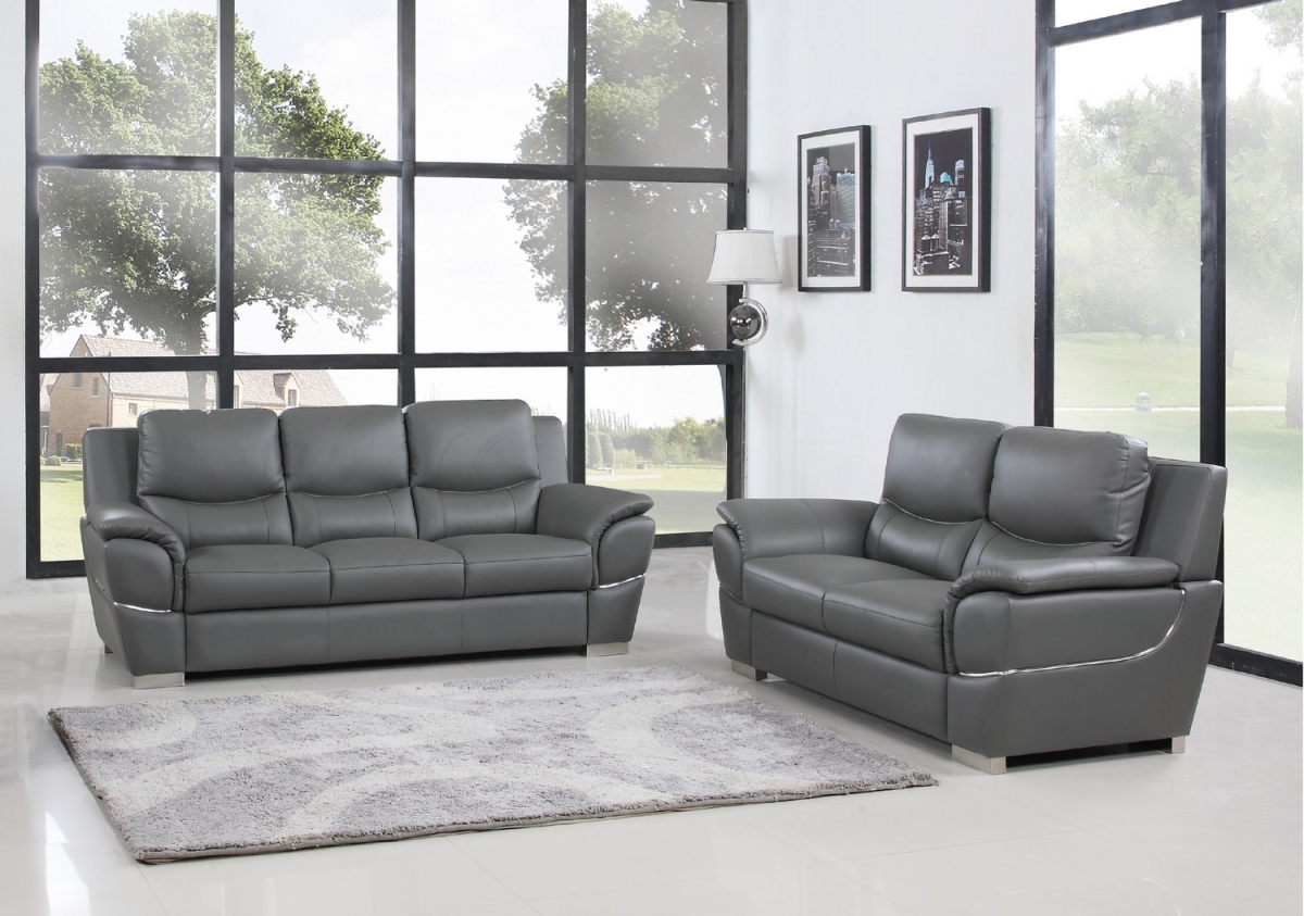 69 x 34 x 35 in. Modern Gray Leather Sofa & Loveseat