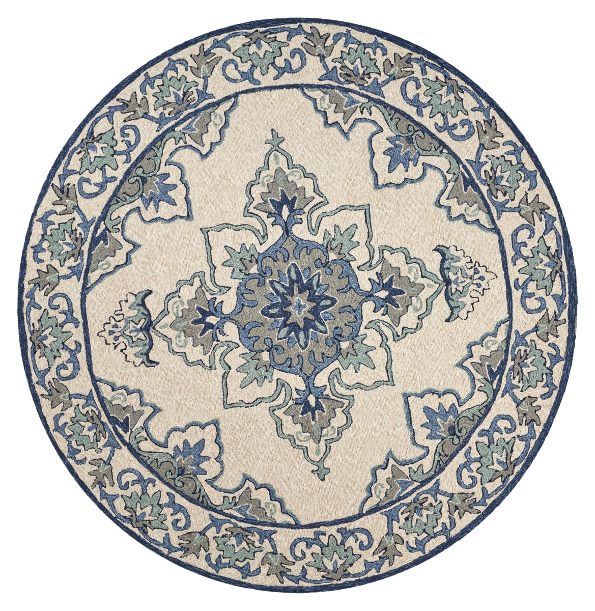 354131 7 ft. 6 in. Round UV-Treated Polypropylene Ivory & Blue Area Rug
