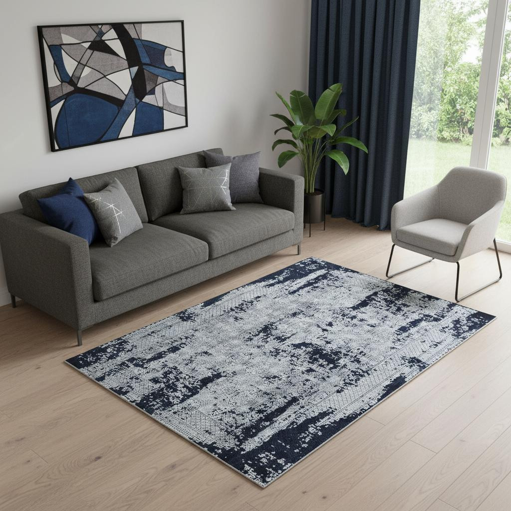 722506 5 x 8 ft. Gray & Navy Blue Abstract Distressed Rectangle Area Rug with Fringe