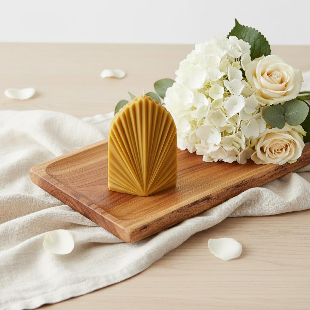 723237 6 in. Gold Lavender & Sage Scented Dimensional Palm Leaf Candle