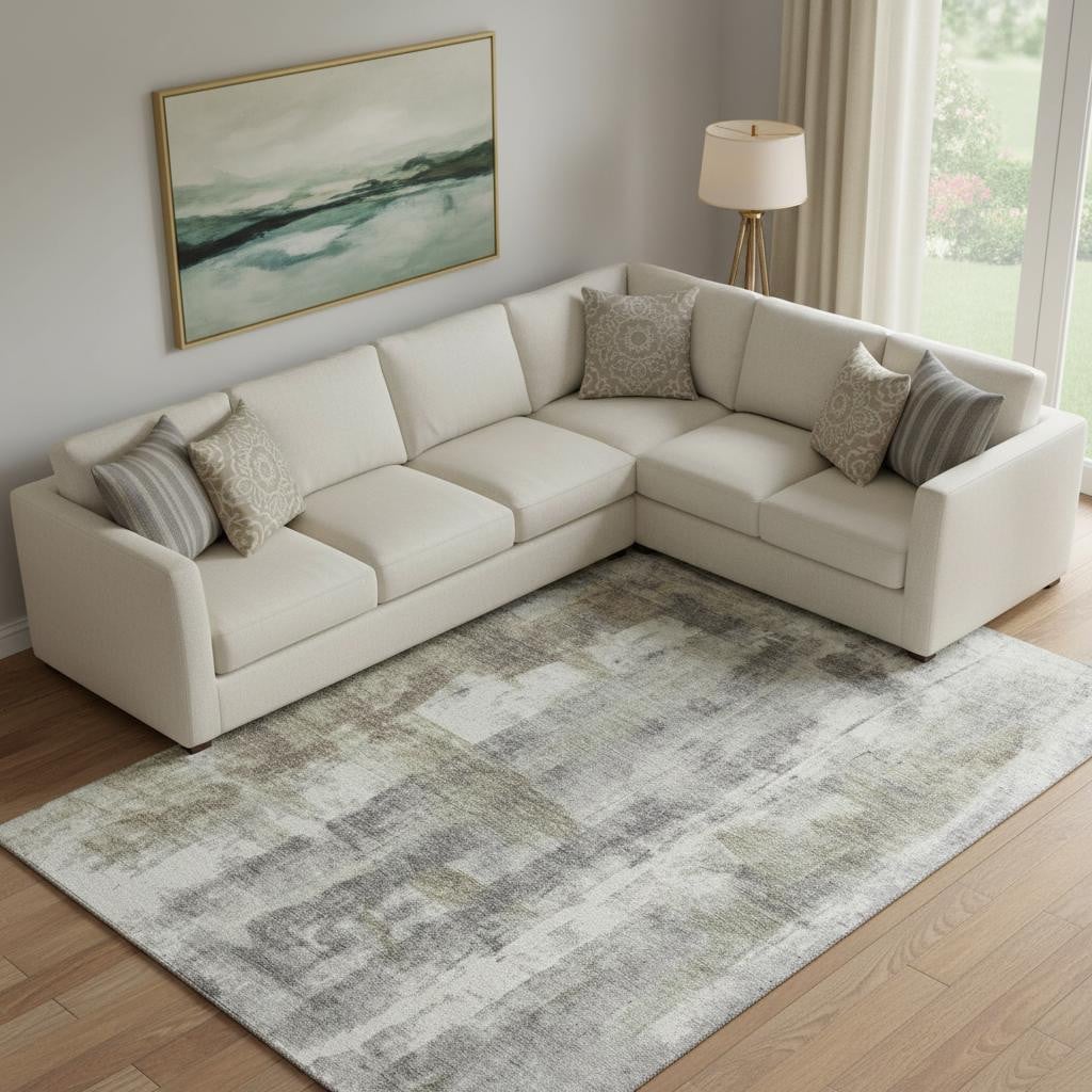 719274 10 x 14 ft. Beige Gray & Ivory Abstract Washable Rectangle Area Rug with UV Protection