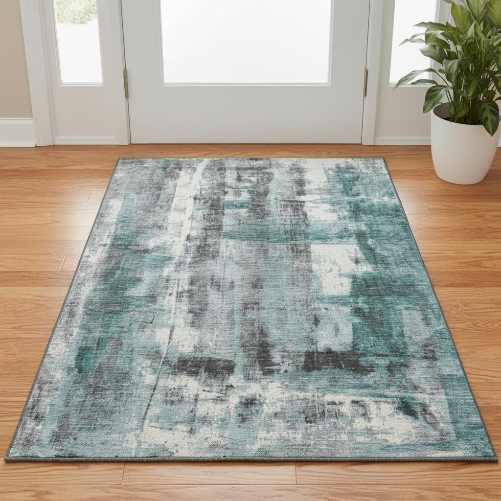 719287 3 x 5 ft. Teal Charcoal & Ivory Abstract Washable Rectangle Area Rug with UV Protection