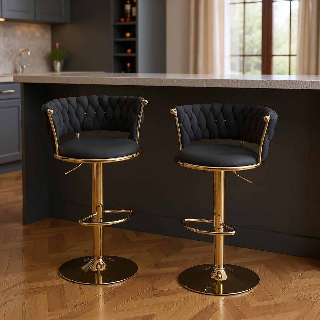 723804 Black & Gold Velvet & Metal Low Back Adjustable Height Swivel Bar Chairs - Set of 2