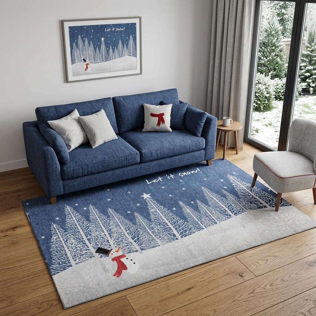 646471 5 x 8 ft. Blue & White Winter Snowman Washable Rectangle Area Rug with UV Protection