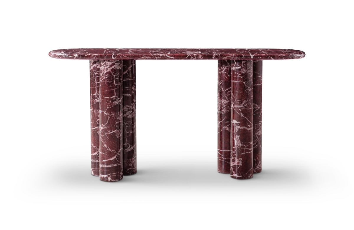 723491 60 in. Red Genuine Marble Oval Double Pedestal Console Table