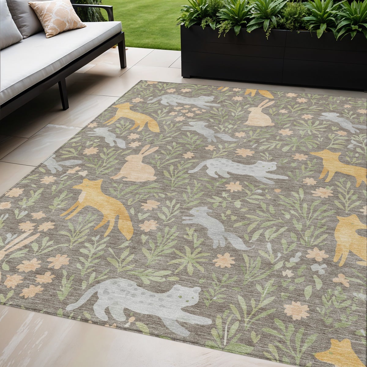 728253 5 x 8 ft. Taupe & Green Forest Animals & Botanical Leaves Washable Rectangle Area Rug