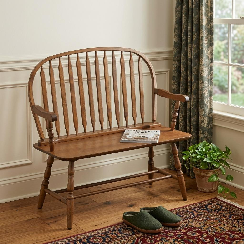 733252 44 in. Oak Wood Windsor Spindle Back Bench