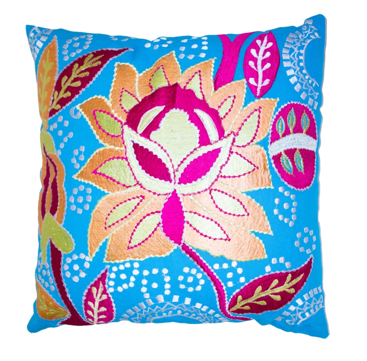 722970 16 in. Blue & Pink Floral Cotton Throw Pillows with Embroidery - Set of 2