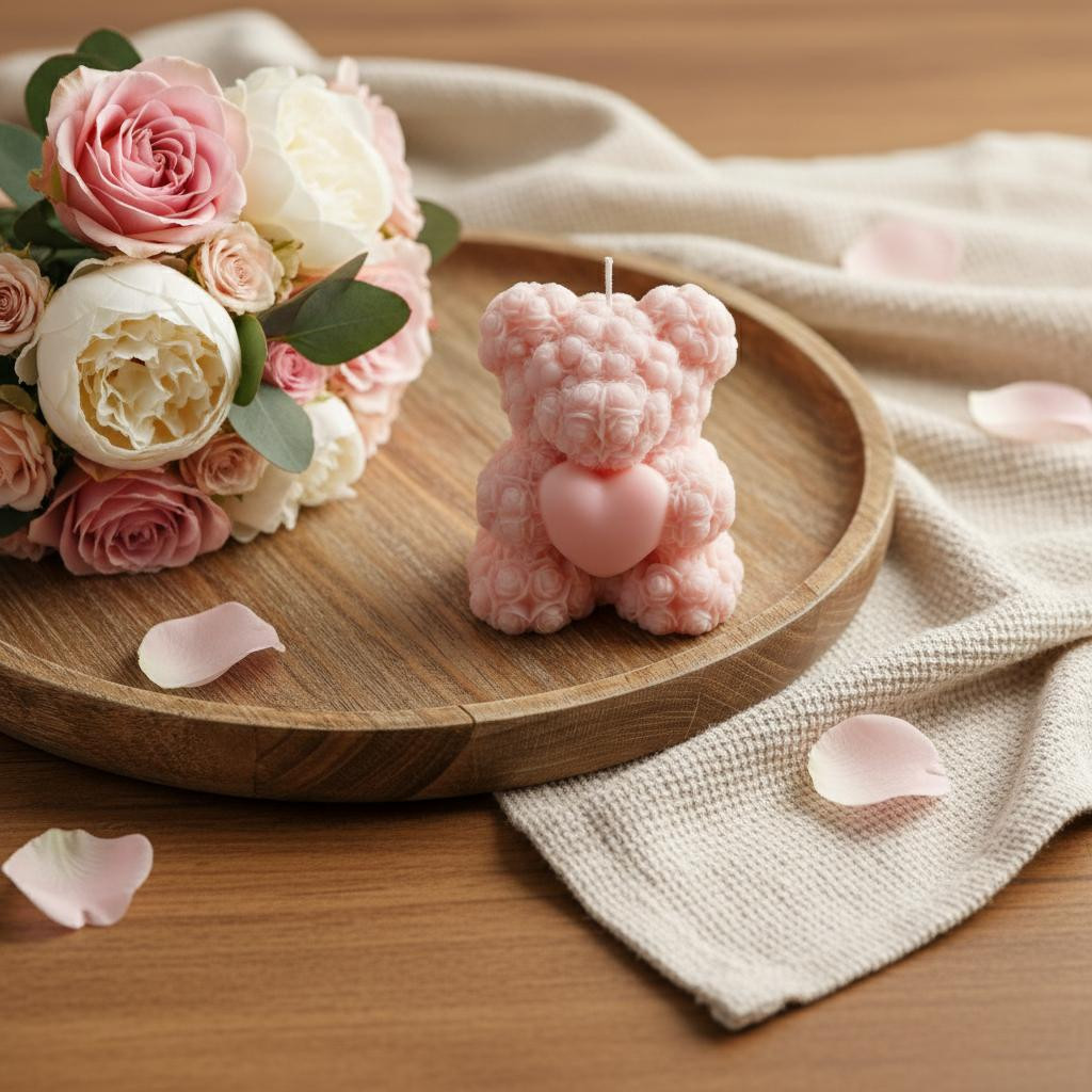 723128 4 in. Pink Rose Petals Scented Dimensional Teddy Bear Candle