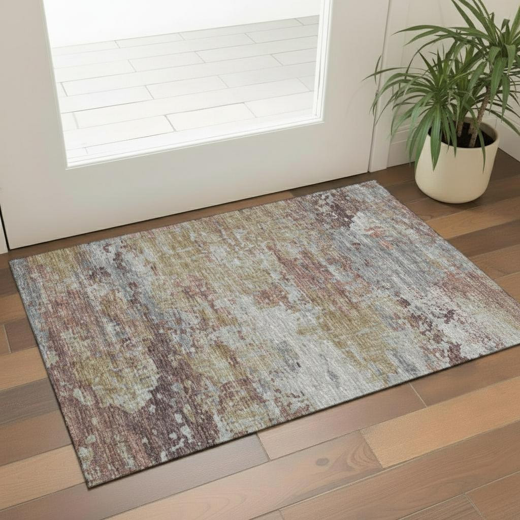 719269 3 x 5 ft. Beige Gray & Ivory Abstract Washable Rectangle Area Rug with UV Protection