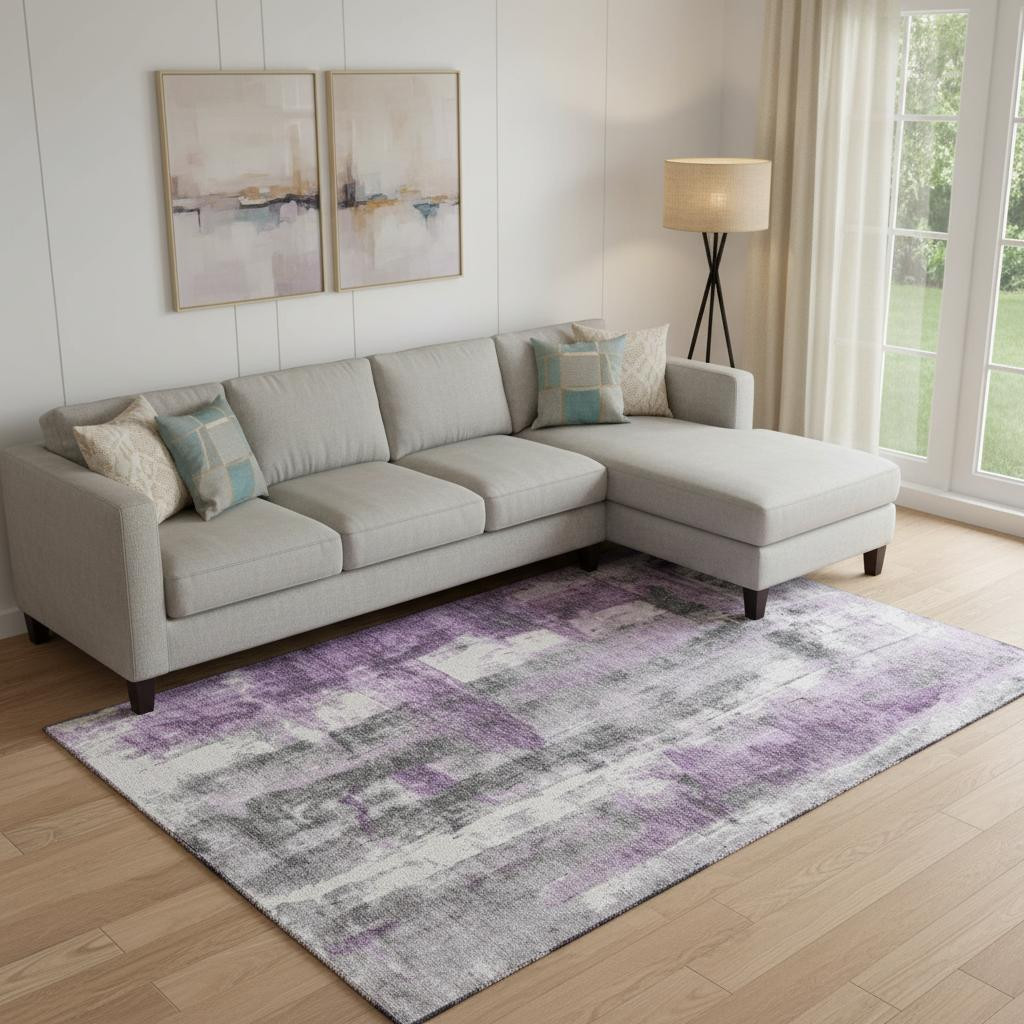 719285 9 x 12 ft. Purple Charcoal & Ivory Abstract Washable Rectangle Area Rug with UV Protection