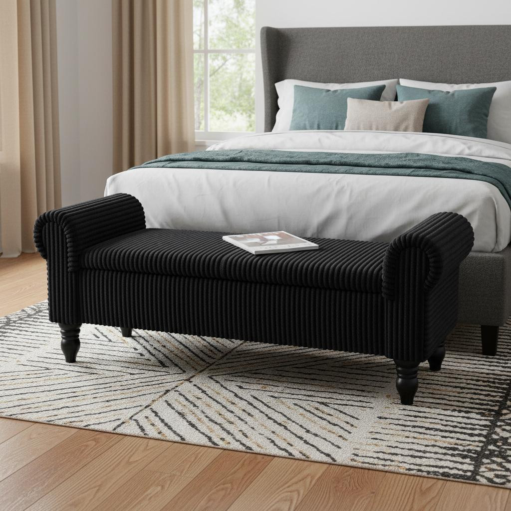 724171 55 in. Black Corduroy & Solid Wood Upholstered Storage Bench with Flip Top