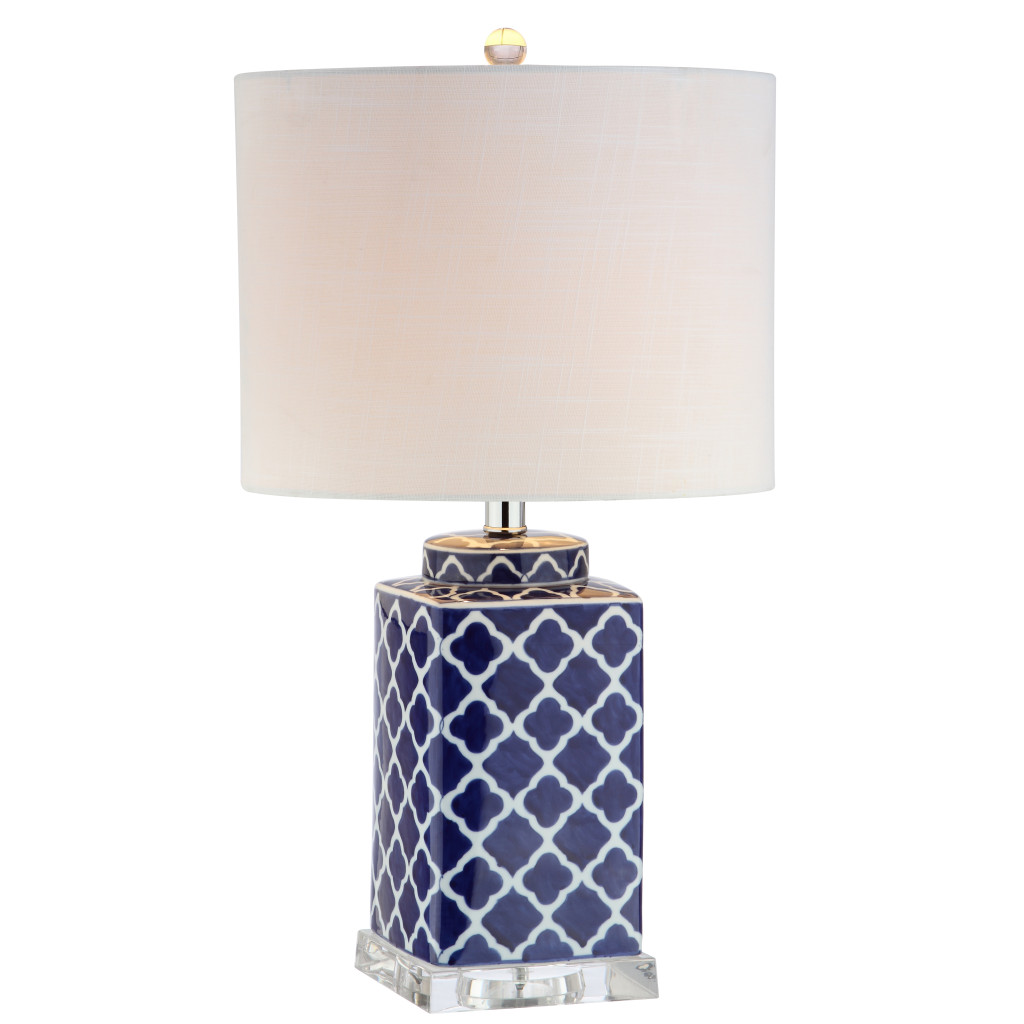 715910 23 in. Clear Navy Blue & White Geometric Table Lamp with Drum Shade
