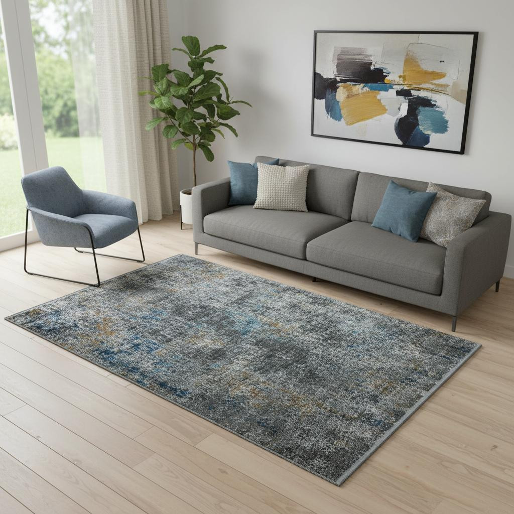 722504 5 x 8 ft. Blue & Gray Abstract Distressed Rectangle Area Rug with Fringe