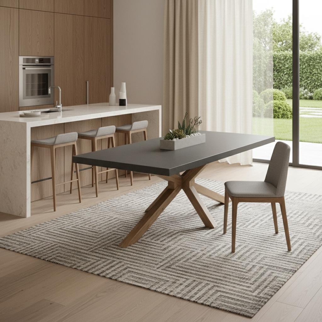 623360 95 in. Gray & Natural Faux Concrete & Solid Wood Cross Leg Base Dining Table