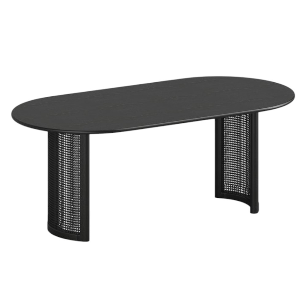 712132 79 in. Black Solid Wood Double & Rattan Pedestal Base Oval Dining Table