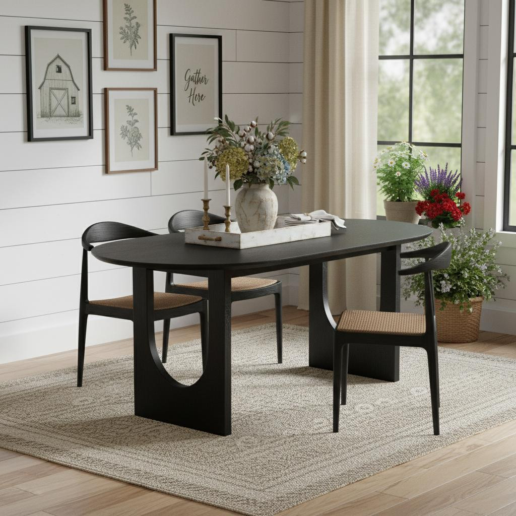 712141 79 in. Black Solid Wood Geo Double Pedestal Base Oval Dining Table
