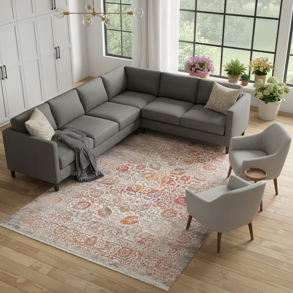 722503 5 x 8 ft. Orange & Red Floral Distressed Rectangle Area Rug with Fringe