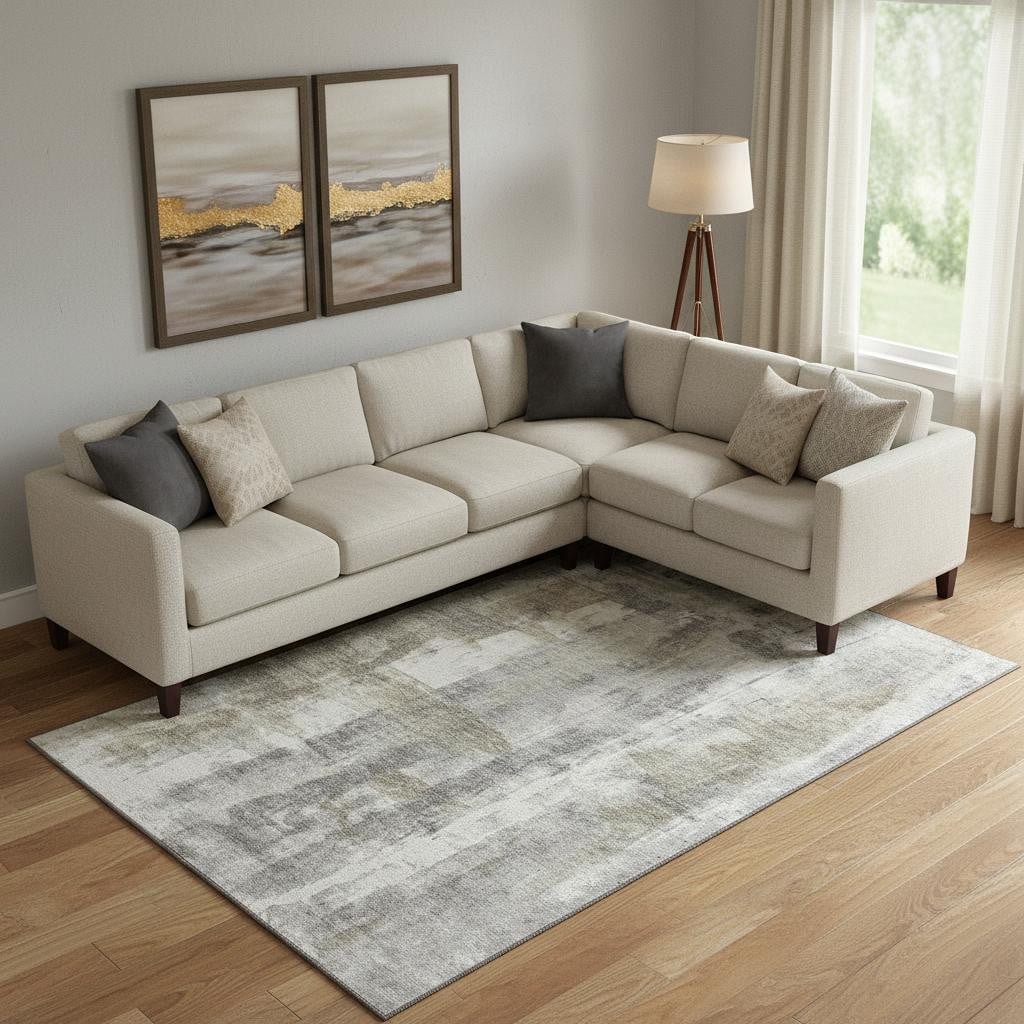 719273 9 x 12 ft. Beige Gray & Ivory Abstract Washable Rectangle Area Rug with UV Protection