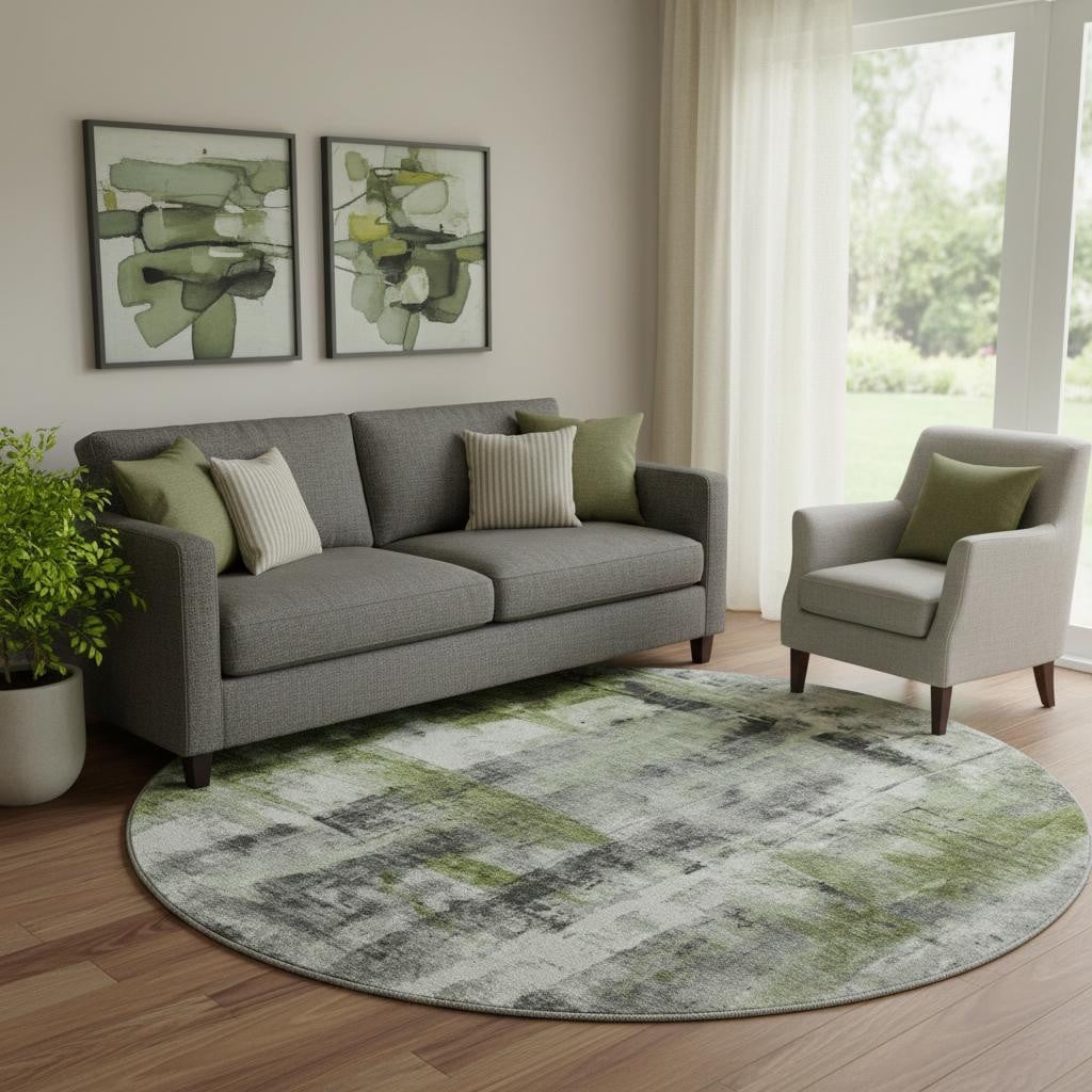 719277 8 ft. Olive Green Charcoal & Ivory Abstract Washable Round Rug with UV Protection