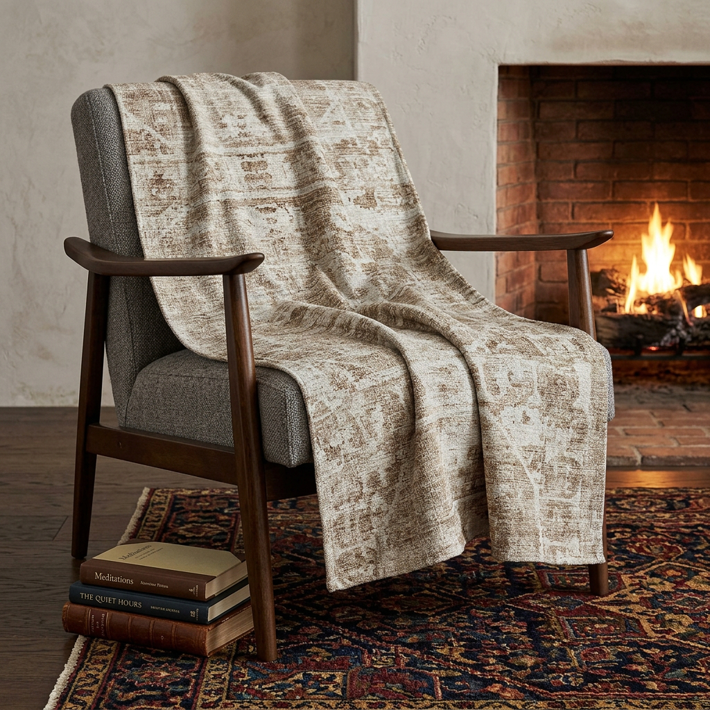 712279 50 x 70 in. Beige & Ivory Damask Polyester Woven Plush Throw Blanket