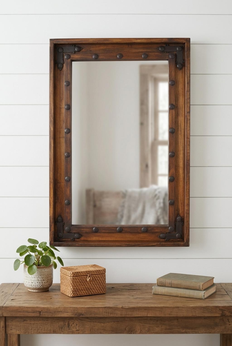 698005 35 in. Brown Solid Wood Rustic Framed Accent Mirror