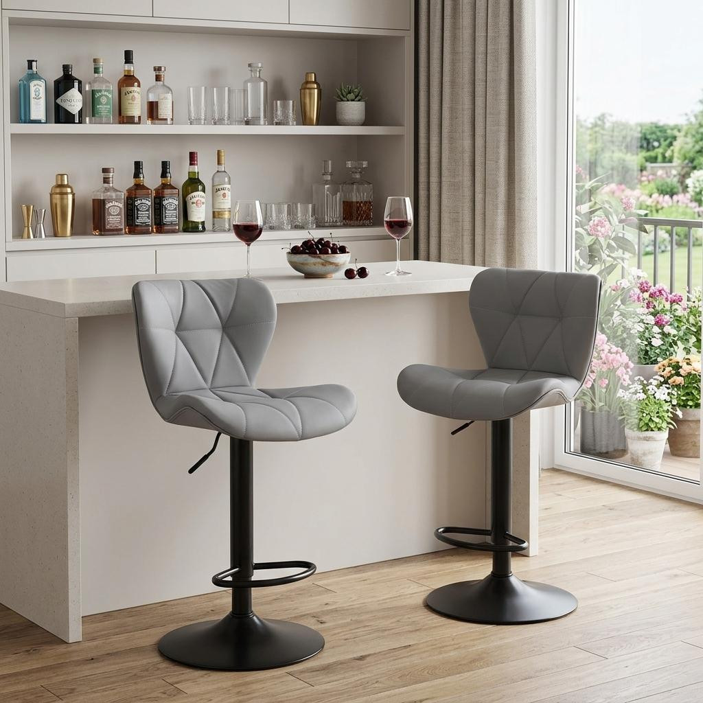 724339 Gray & Black Faux Leather & Aluminum Adjustable Height Swivel Bar Chairs - Set of 2