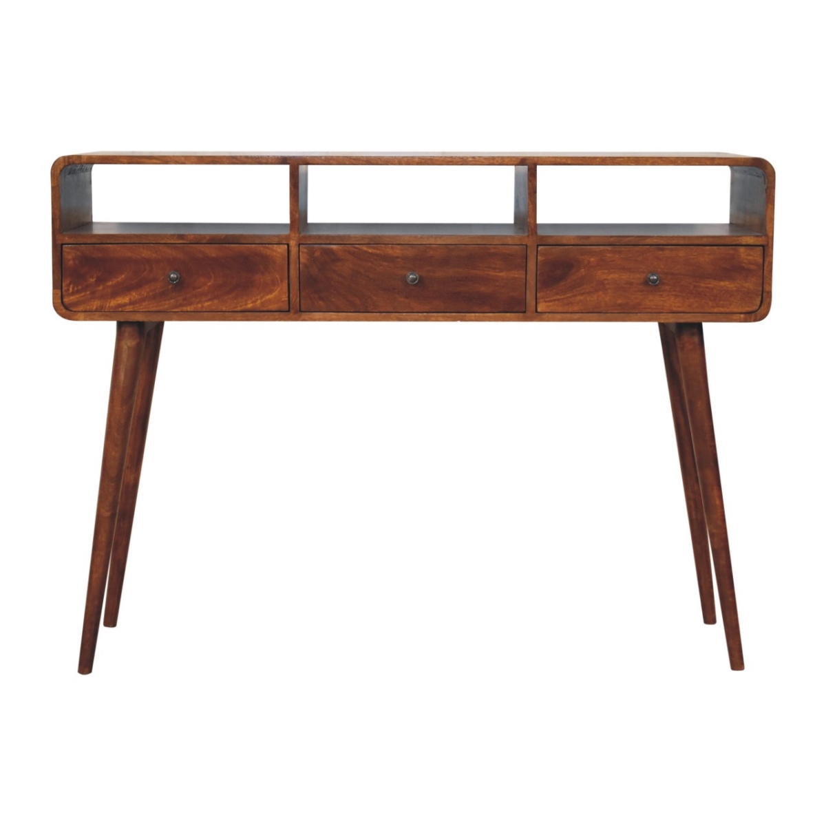 723398 51 in. Chestnut Solid Wood Console Table with Three Shelves & Three Drawers