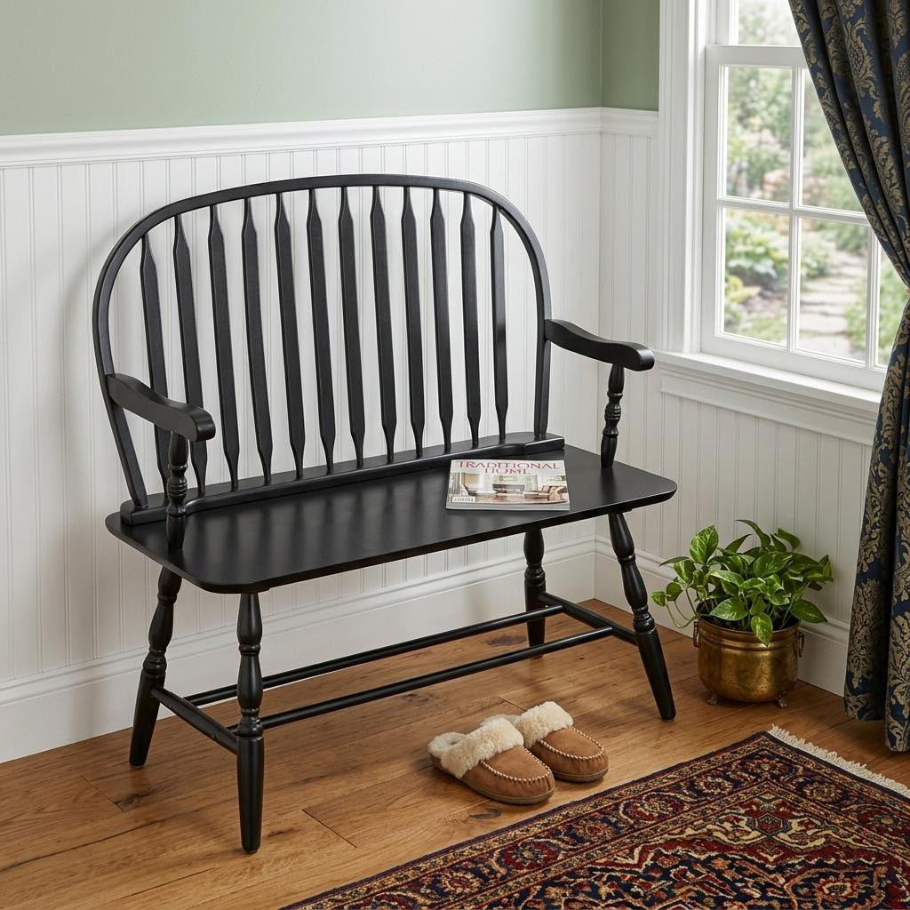 733251 44 in. Black Wood Windsor Spindle Back Bench