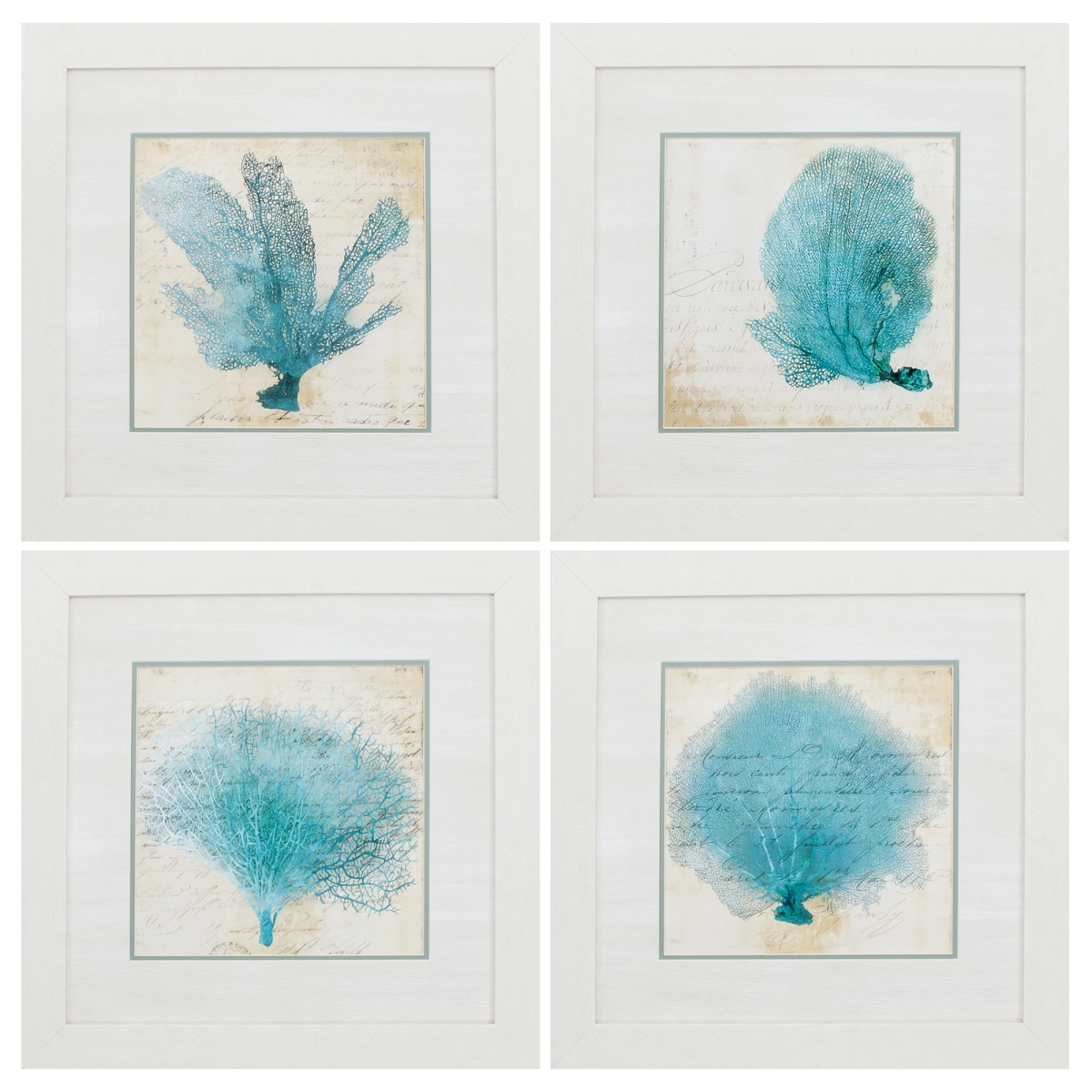 21 x 21 in. White Frame Blue Coral Wall Decor, Set of 4