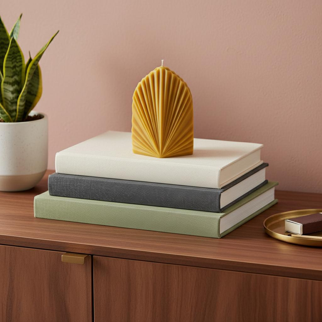 723229 6 in. Gold Sandalwood Scented Dimensional Palm Leaf Candle