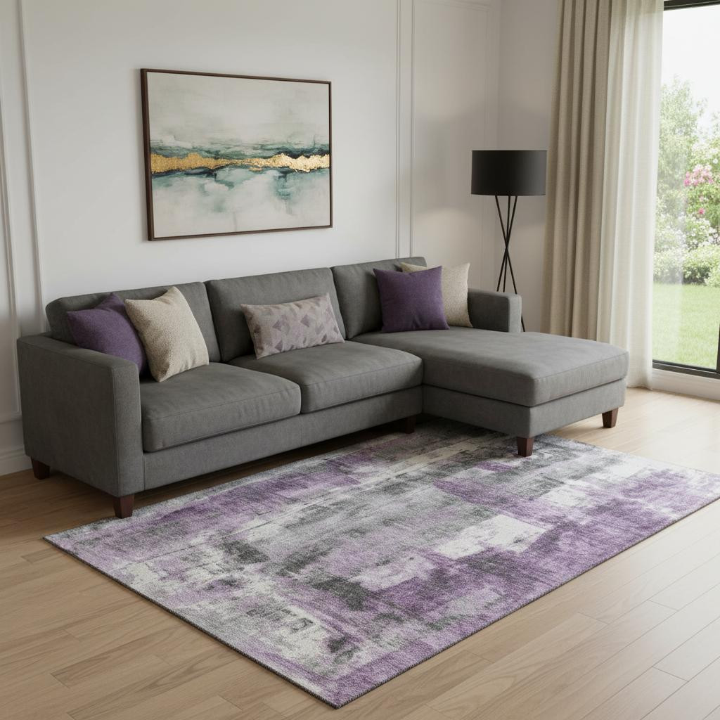 719286 10 x 14 ft. Purple Charcoal & Ivory Abstract Washable Rectangle Area Rug with UV Protection