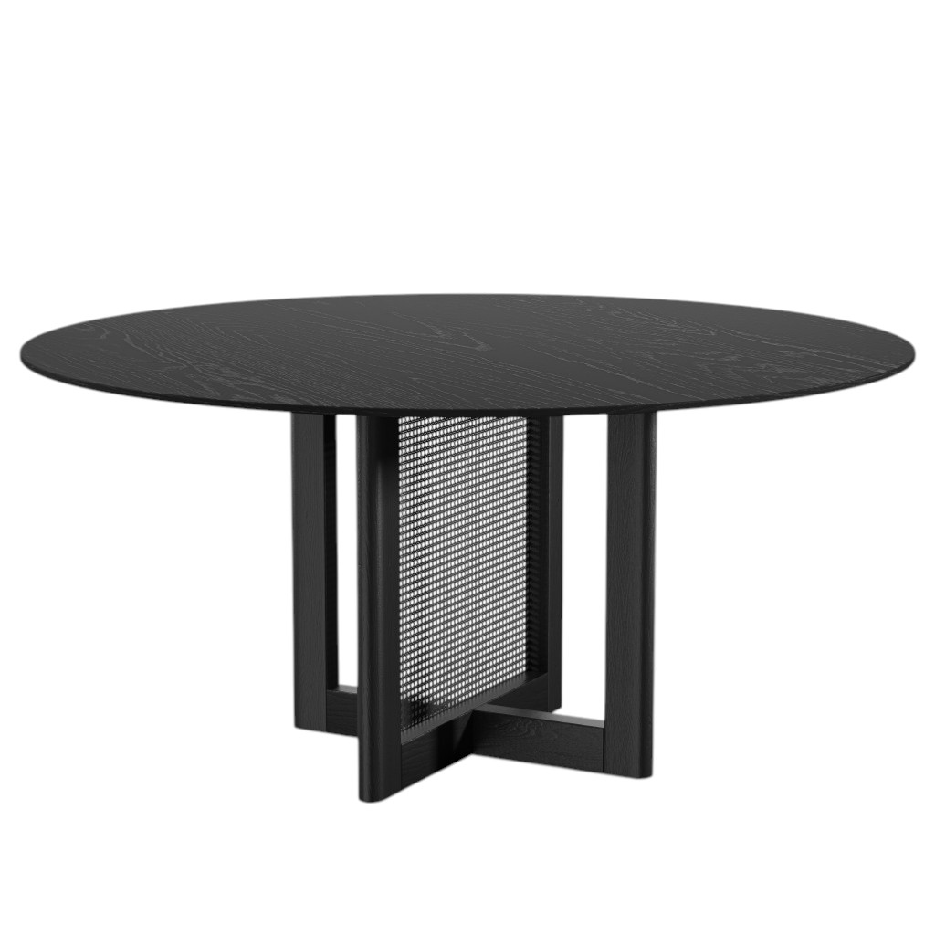 712200 60 in. Black Solid Wood & Rattan Cross Leg Base Round Top Dining Table
