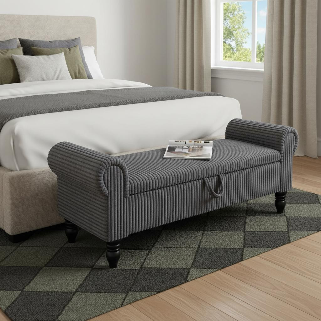 724172 55 in. Dark Gray Corduroy & Solid Wood Upholstered Storage Bench with Flip Top
