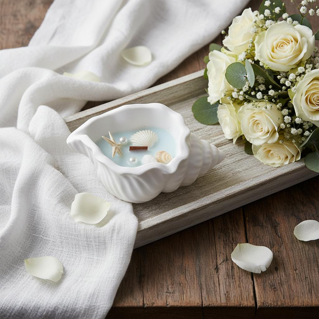 723265 6 in. Light Blue Unscented Soy Wax Candle in White Resin Novelty Holder with Seashells