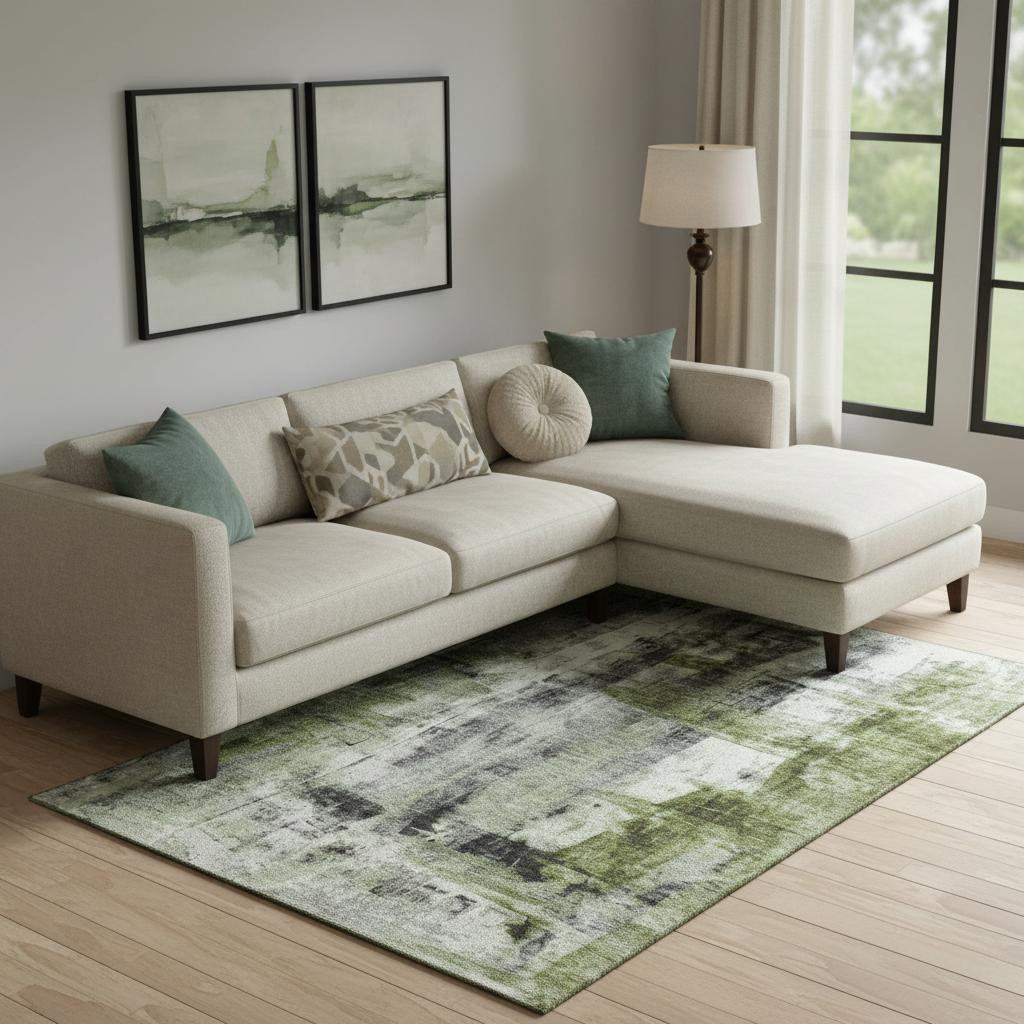 719279 9 x 12 ft. Olive Green Charcoal & Ivory Abstract Washable Rectangle Area Rug with UV Protection